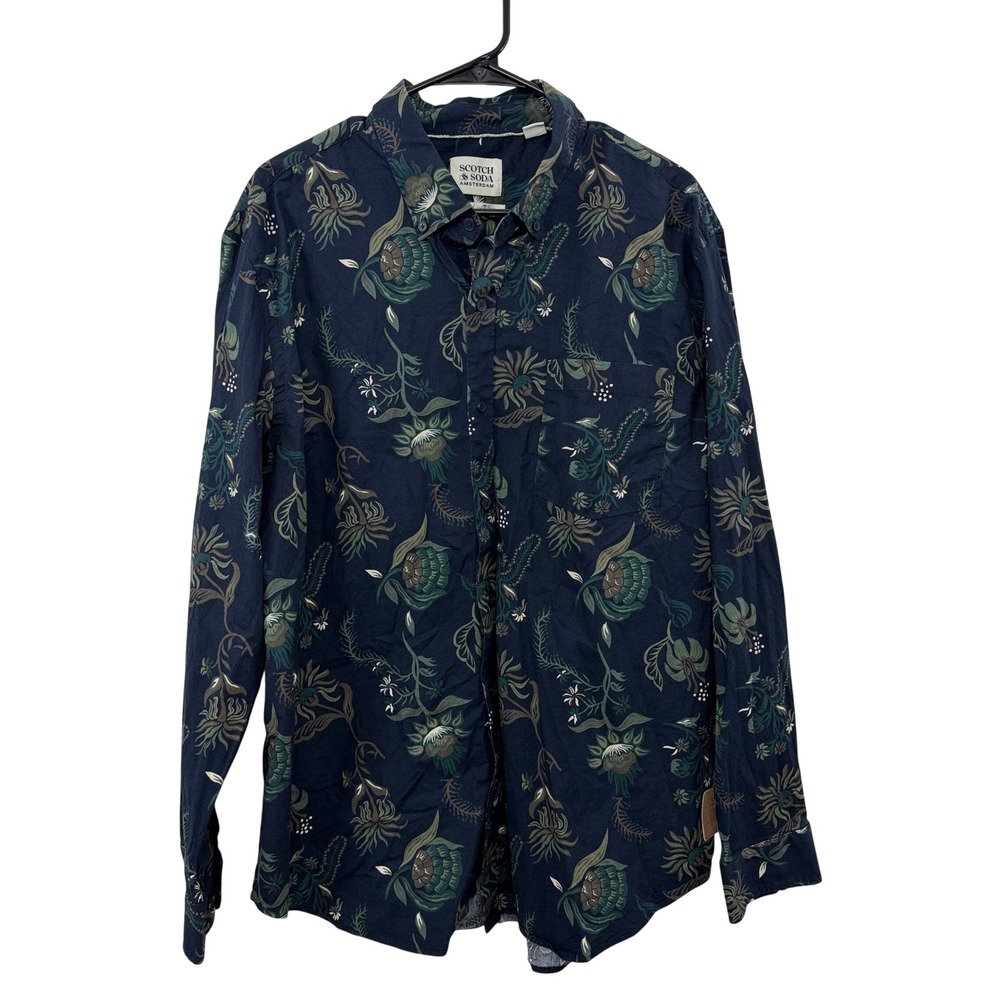 Scotch & Soda Shirt Mens XL Blue Botanical Floral Print Button Down Long Sleeve